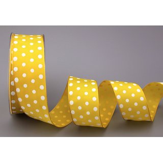 Dekoband PUNKTE GELB / WEISS 20 m x 40 mm Stoffband mit Draht gepunktet / Polka Dot