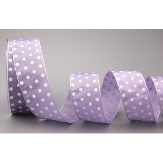 Dekoband PUNKTE FLIEDER / LAVENDEL / WEISS (HELL)   20 m x 40 mm Stoffband mit Draht gepunktet / Polka Dot