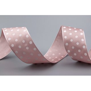 Dekoband PUNKTE ALTROSA / WEISS 3 m x 40 mm Stoffband mit Draht gepunktet / Polka Dot