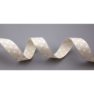 Dekoband PUNKTE BEIGE / WEISS 20 m x 25 mm Stoffband mit Draht gepunktet / Polka Dot