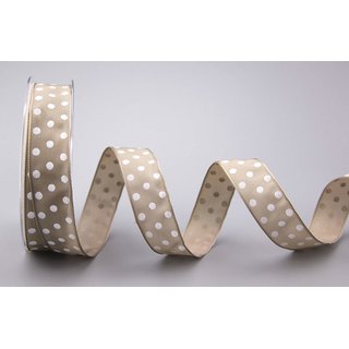 Dekoband PUNKTE TAUPE / WEISS 20 m x 25 mm Stoffband mit Draht gepunktet / Polka Dot