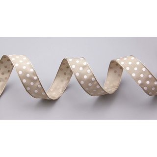Dekoband PUNKTE TAUPE / WEISS 20 m x 25 mm Stoffband mit Draht gepunktet / Polka Dot