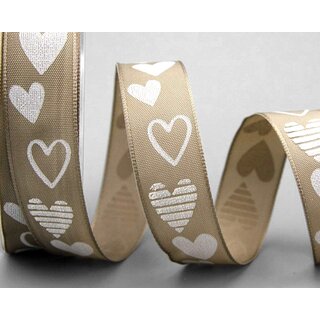 3 m x 25 mm Dekoband VALENTIN TAUPE / TOFFEE Taftband mit Herzen Geschenkband fr Hochzeit Valentinstag