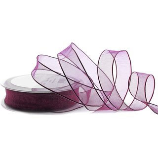 20 m x 25 mm Dekoband CHIFFON PFLAUME Aubergine transparent Schleifenband aus Organza mit formstabilen Kanten