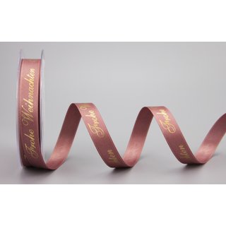 20 m x 15 mm Dekoband FROHE WEIHNACHTEN in ALTROSA / ROSENHOLZ / GOLD mit dem Text bedrukt, Rolle