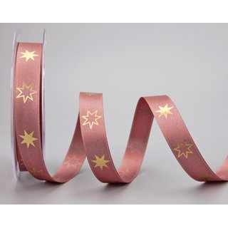 20 m x 15 mm Dekoband FROHE WEIHNACHTEN in ALTROSA / ROSENHOLZ / GOLD mit den Sternen bedrukt, Rolle