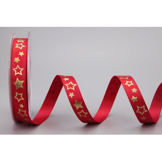 20m x 15 mm Dekoband FROHE WEIHNACHTEN in ROT / GOLD mit den Sternen bedrukt, Rolle