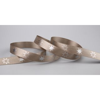 20 m x 15 mm Dekoband FROHE WEIHNACHTEN in TAUPE / TOFFEE...