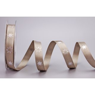 20 m x 15 mm Dekoband FROHE WEIHNACHTEN in TAUPE / TOFFEE / SILBER  mit den Sternen bedrukt, Rolle