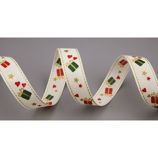 Dekoband WEIHNACHTEN GESCHENK in CREME 20 m x 25 mm Stoffband mit Draht