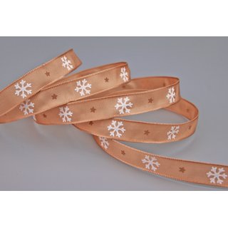 Dekoband LET IT SNOW in APRICOT 3 m x 15 mm Weihnachten Taftband mit Schneeflocken Motiv / mit Draht