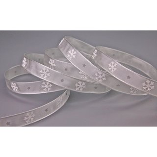 Dekoband LET IT SNOW in GRAU / HELLGRAU 3 m x 15 mm Weihnachten Taftband mit Schneeflocken Motiv / mit Draht