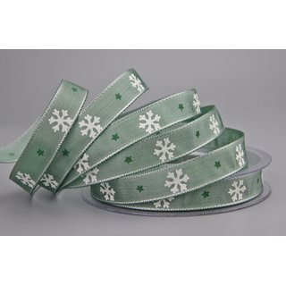 Dekoband LET IT SNOW in GRN 20  m x 15 mm Weihnachten Taftband mit Schneeflocken Motiv / mit Draht