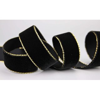Samtband SCHWARZ mit Goldkanten 1 m x 22 mm Meterware