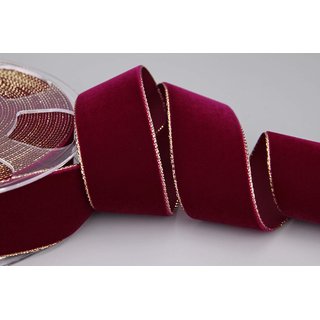 Samtband BORDEAUX mit Goldkanten 1 m x 36 mm Meterware