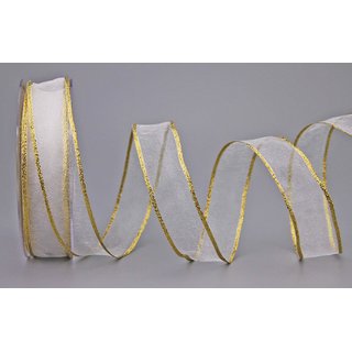 Chiffonband WEISS mit GOLDKANTE 20 m x 25 mm | Transparentband aus Organza