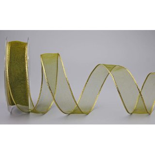 Chiffonband OLIV mit GOLDKANTE 20 m x 25 mm | Transparentband aus Organza