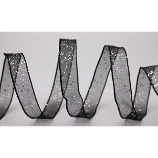 20 m x 15 mm Dekoband GLITZER SCHWARZ Silber Geschenkband glnzend aus Organza mit Drahtkanten