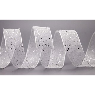 20 m x 25 mm Dekoband GLITZER WEISS Silber Geschenkband glnzend aus Organza mit Drahtkanten