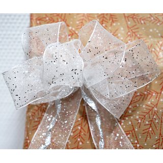 20 m x 25 mm Dekoband GLITZER WEISS Silber Geschenkband glnzend aus Organza mit Drahtkanten