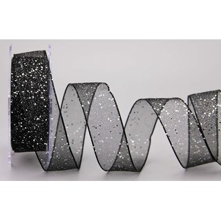 20 m x 25 mm Dekoband GLITZER SCHWARZ Silber Geschenkband glnzend aus Organza mit Drahtkanten