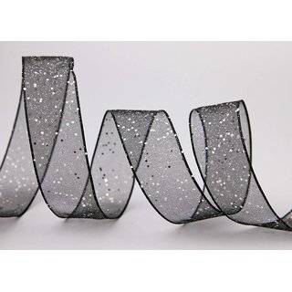 20 m x 25 mm Dekoband GLITZER SCHWARZ Silber Geschenkband glnzend aus Organza mit Drahtkanten