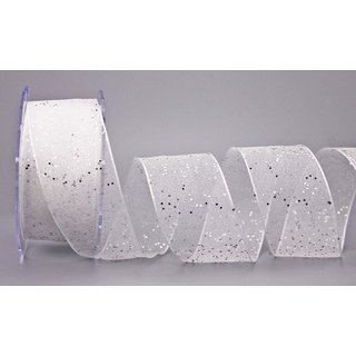 20 m x 40 mm Dekoband GLITZER WEISS Silber Geschenkband glnzend aus Organza mit Drahtkanten