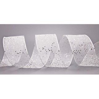 20 m x 40 mm Dekoband GLITZER WEISS Silber Geschenkband glnzend aus Organza mit Drahtkanten
