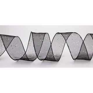 3 m x 40 mm Dekoband GLITZER SCHWARZ Silber Geschenkband glnzend aus Organza mit Drahtkanten