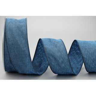 20 m x 40 mm Dekoband OLIVER BLAU DENIM (120) Stoffband mit Drahtkanten Schleifenband Nordstil Geschenkband