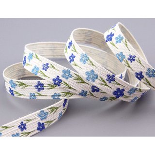20 m x 15 mm Dekoband HAPPY DAY HELLBLAU Blau Blumen Geschenkband Natur Baumwolle