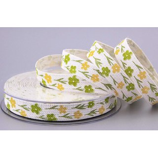 3 m x 15 mm Dekoband HAPPY DAY GRN Gelb Blumen Geschenkband Natur Baumwolle