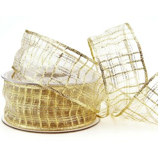 20 m x 40 mm Dekoband Alexander GOLD Karo Schleifenband Geschenkband Drahtkanten kariert transparent metallic