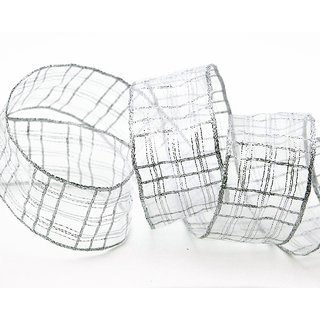 3 m x 40 mm Dekoband Alexander SILBER Karo Schleifenband Geschenkband Drahtkanten kariert transparent metallic