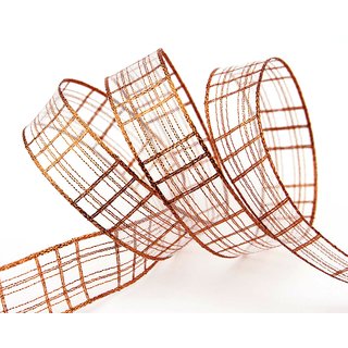 20 m x 25 mm Dekoband Alexander KUPFER Bronze Karo Schleifenband Geschenkband Drahtkanten kariert transparent metallic