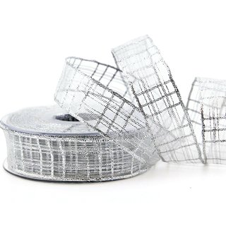 20 m x 25 mm Dekoband Alexander SILBER Karo Schleifenband Geschenkband Drahtkanten kariert transparent metallic
