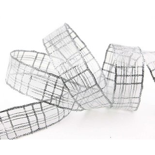 20 m x 25 mm Dekoband Alexander SILBER Karo Schleifenband Geschenkband Drahtkanten kariert transparent metallic