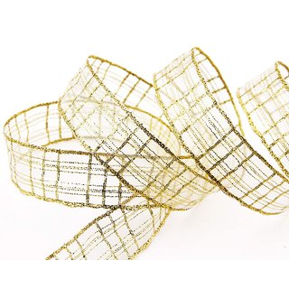 3 m x 25 mm Dekoband Alexander GOLD Karo Schleifenband Geschenkband Drahtkanten kariert transparent metallic