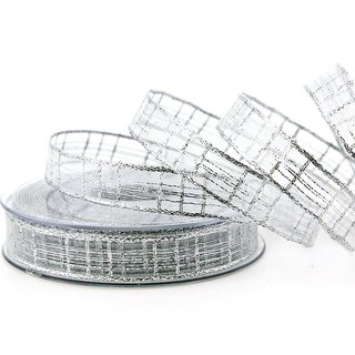 20 m x 15 mm Dekoband Alexander SILBER Karo Schleifenband Geschenkband Drahtkanten kariert transparent metallic