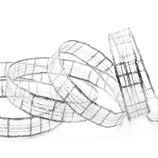20 m x 15 mm Dekoband Alexander SILBER Karo Schleifenband Geschenkband Drahtkanten kariert transparent metallic
