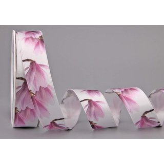 20 m x 25 mm Dekoband Magnolien WEISS / ROSA Satinband...