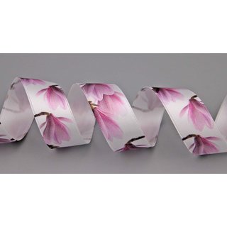 20 m x 25 mm Dekoband Magnolien WEISS / ROSA Satinband Geschenkband ohne Draht bedruckt mit Blumen