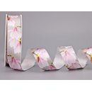 20 m x 25 mm Dekoband Magnolien GRAU / ROSA Satinband...
