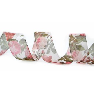 3 m x 40 mm Dekoband Italian Rose WEISS Schleifenband Chiffon mit Drahtkanten bedruckt mit Blumen