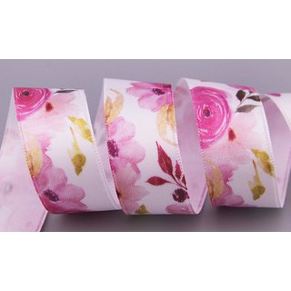 3 m x 25 mm Dekoband WILDROSE in ROSA Satinband Geschenkband mit Rosen