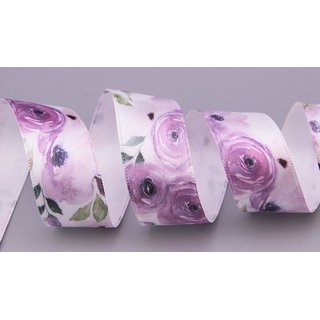 20 m x 25 mm Dekoband WILDROSE in FLIEDER Satinband Geschenkband mit Rosen
