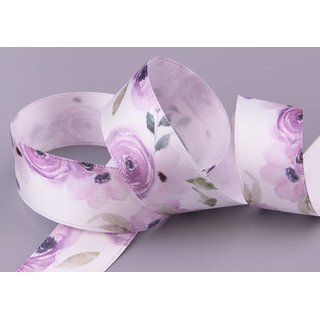 20 m x 25 mm Dekoband WILDROSE in FLIEDER Satinband Geschenkband mit Rosen