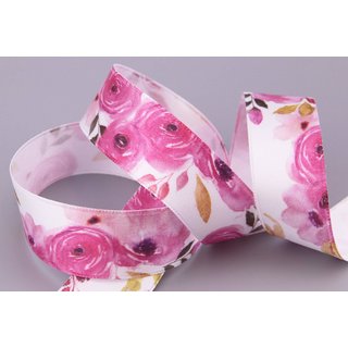 20 m x 25 mm Dekoband WILDROSE in ROSA Satinband Geschenkband mit Rosen