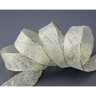 3 m x 25 mm Dekoband WINTER STRIPES CREME GOLD Lurex Streifen Schleifenband mit Drahtkanten glnzend Weihnachtsband