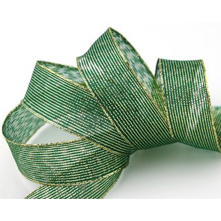 20 m x 25 mm Dekoband WINTER STRIPES GRN GOLD Lurex Streifen Schleifenband mit Drahtkanten glnzend Weihnachtsband